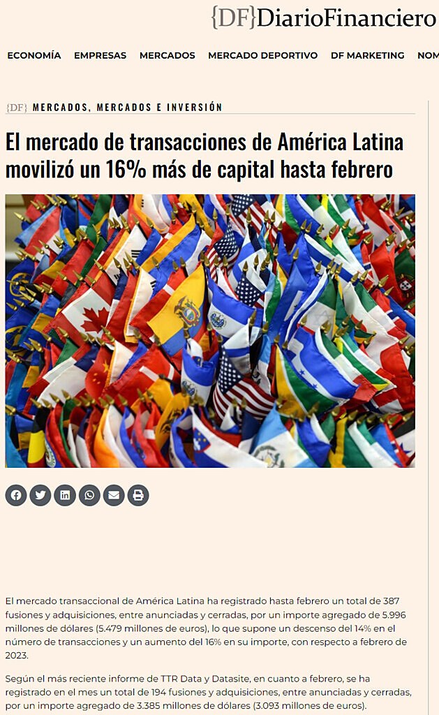 El mercado de transacciones de Amrica Latina moviliz un 16% ms de capital hasta febrero